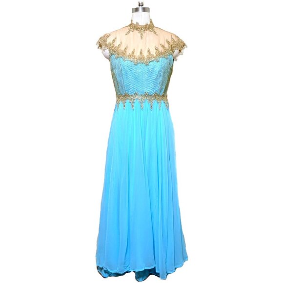 Vintage 1960's Mike Benet Aqua Chiffon Embellished Gown SZ M - Picture 1 of 10